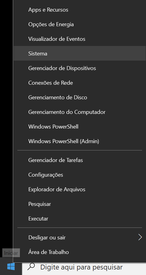 Opção de menu Sistema do Windows 10.