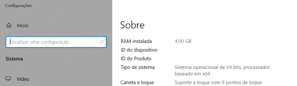 Tela de configuração do Windows 10 mostrando sistema de 64 bits. Escolha a versão da distribuição Anaconda com base neste valor.